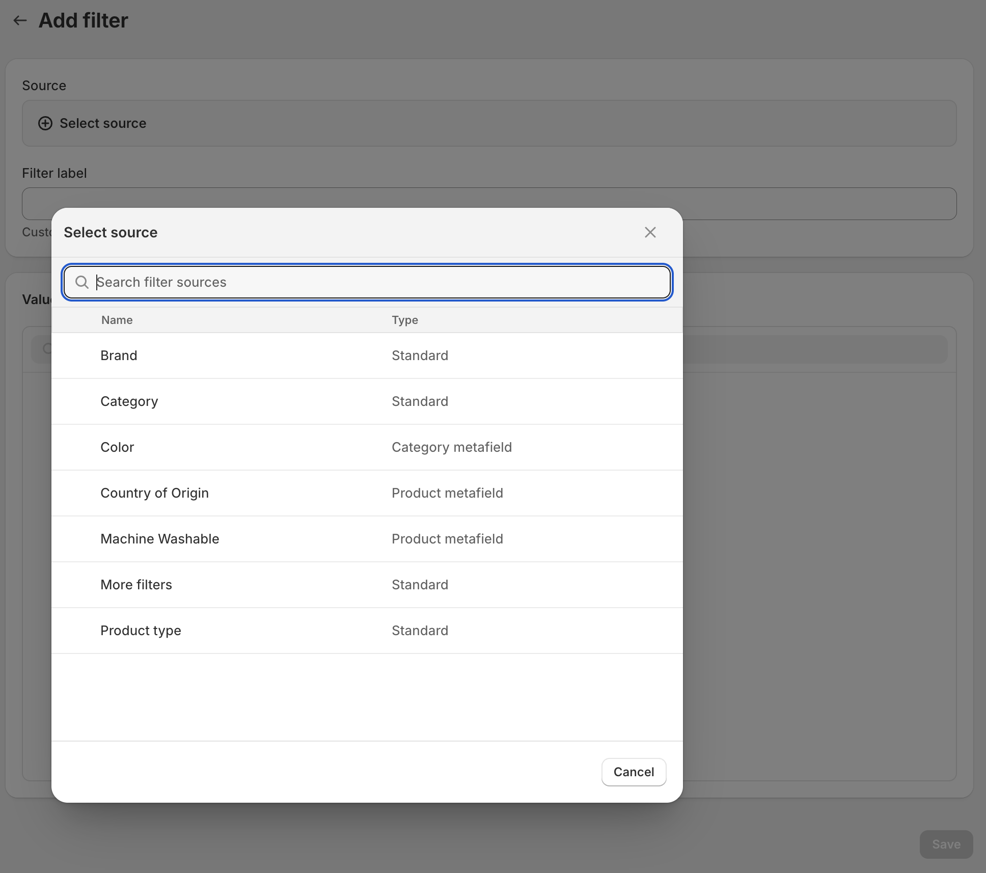 Shopify Search & Discovery Add Filter Source Modal