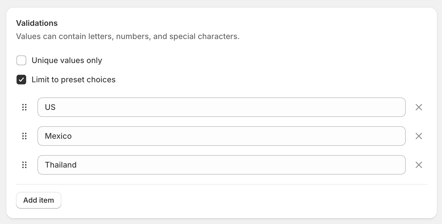 Shopify Product Metafield Single Line One Value Options