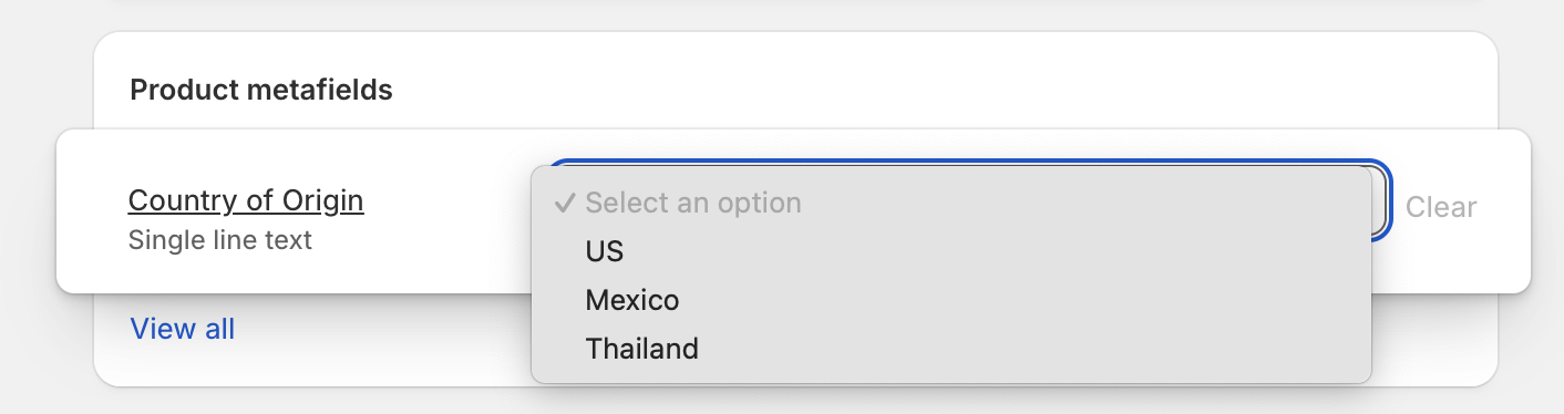 Shopify Product Metafield with Drop Down Options