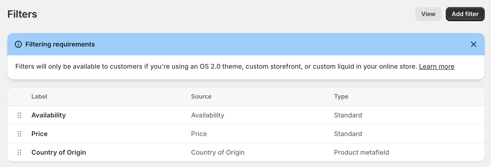 Shopify Search & Discovery Filter List
