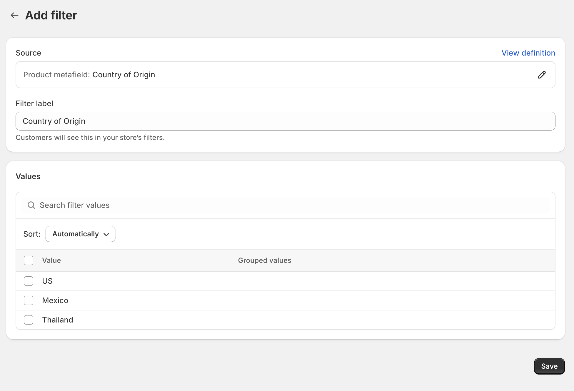 Shopify Search & Discovery Filter for Drop Down Metafield